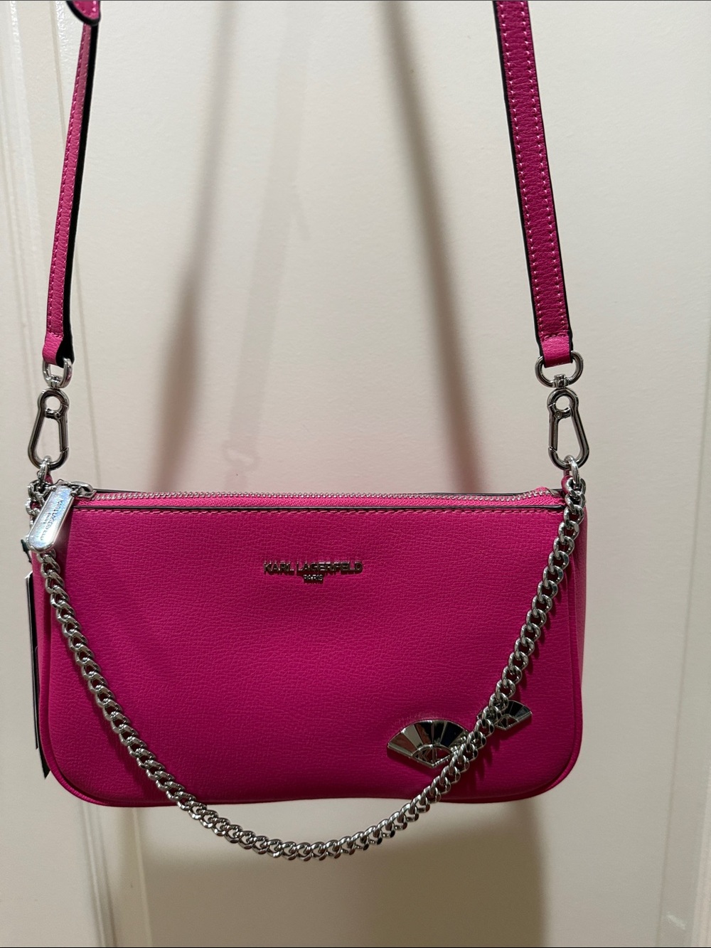 KARL LAGERFELD NWT Fuchsia Leather Crossbody with Silver Chain - Picture 2 of 10